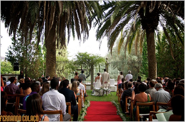 Os noivos no altar da cerimónia do casamento com convidados, entre duas grandes palmeiras.