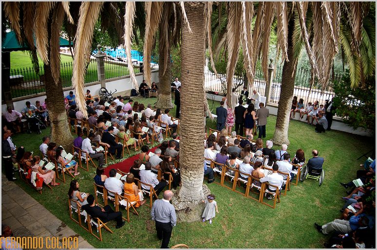 Vista geral do local da cerimónia do casamento com noivos, padre, convidados e palmeiras.