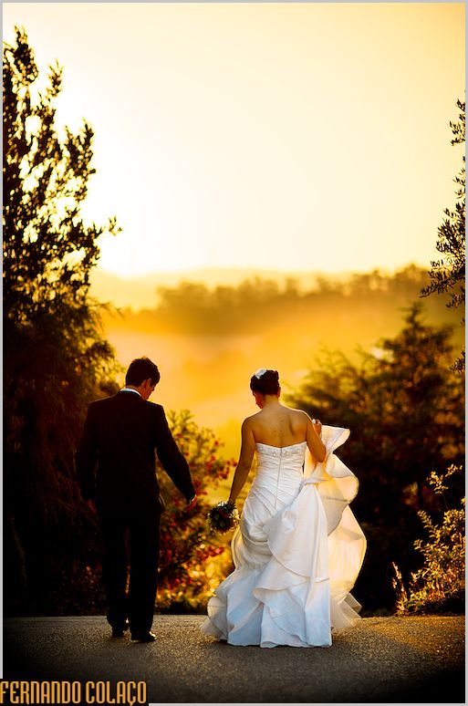 O casal de recém casados caminha, vistos de costas, na direcção de uma neblina dourada de fim do dia.