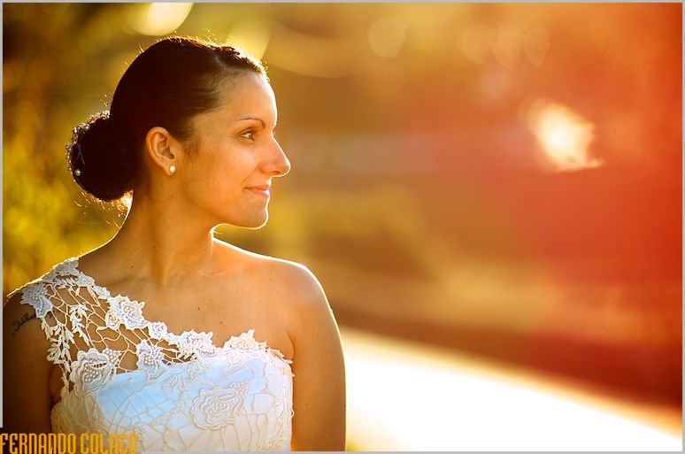 The bride, in profile, bathed in the light of the late afternoon sun