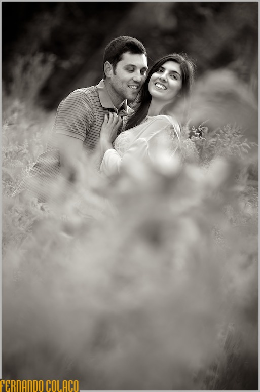 Com muitas flores desfocadas num campo da serra de Sintra, o casal junto um do outro.