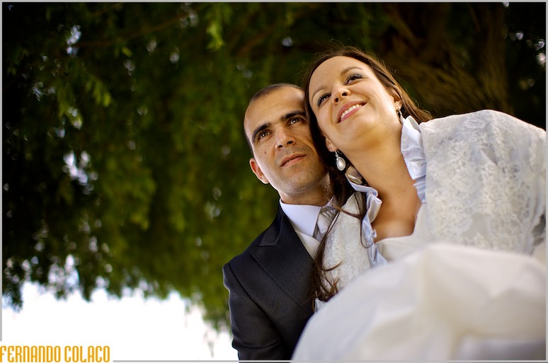 The bride and groom, next to each other, in front of a treetop.