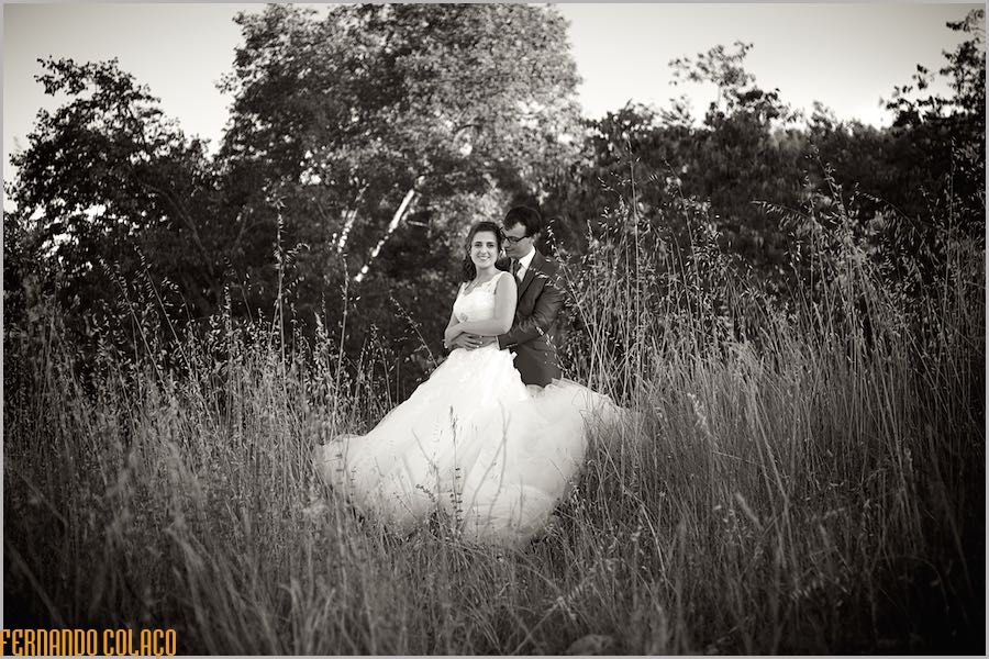 O casal de recém casados, abraçados, no meio das ervas do campo, junto de um bosque na sessão com o fotógrafo de casamentos.