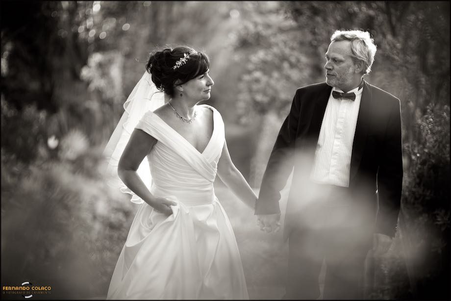 Holding hands and looking at each other, the groom and the bride among the foliage of trees at Morada do Sol in Sintra in the session with the wedding photographer.