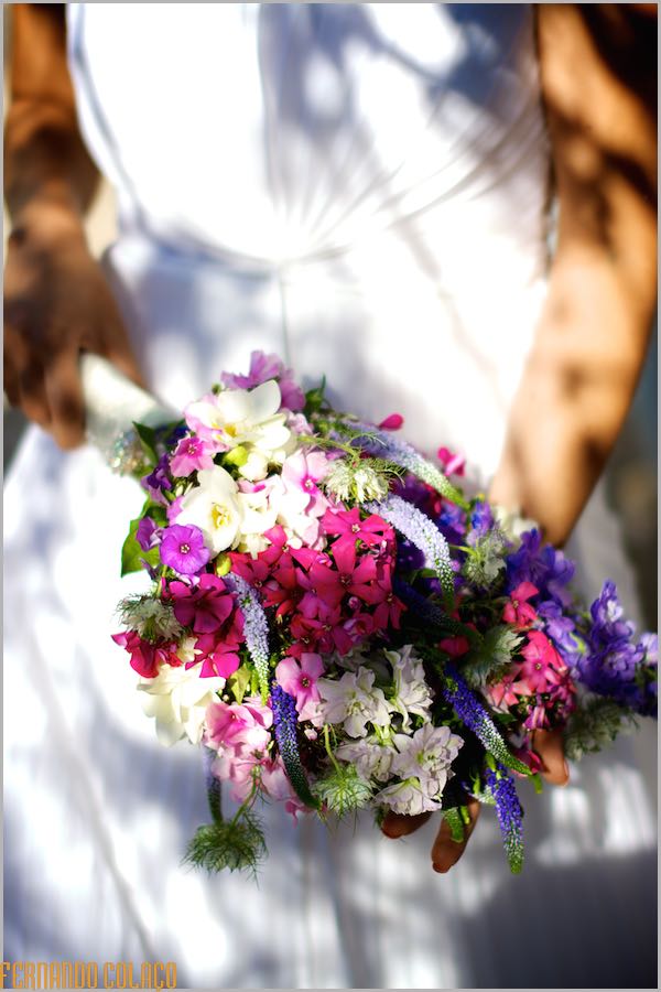 The bride's bouquet in her hands.