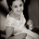Black and white portrait of the bride after the guests have departed from the party, by the wedding photographer in Estoril.
