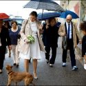 Grooms with the guests find a dog in the way for the restaurant Ponto Final for the ceremony, by the wedding photographer in Lisbon, Portugal.