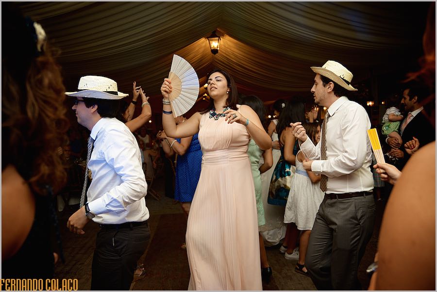 Wedding guests dancing at the party at Quinta do Louredo in Évora.