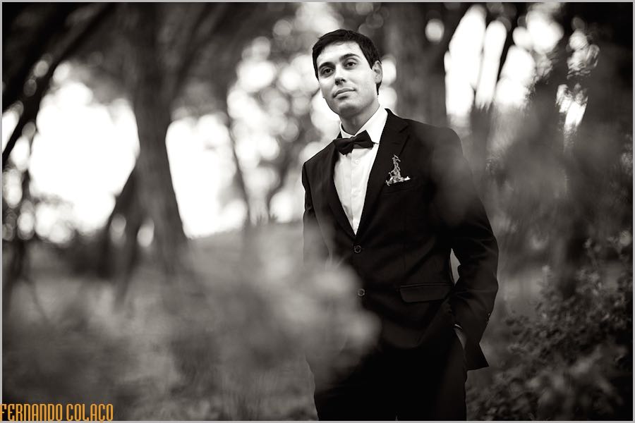The groom, in a black and white portrait by the wedding photographer in Portugal, poses among the flowers in the Quinta do Lumarinho garden.