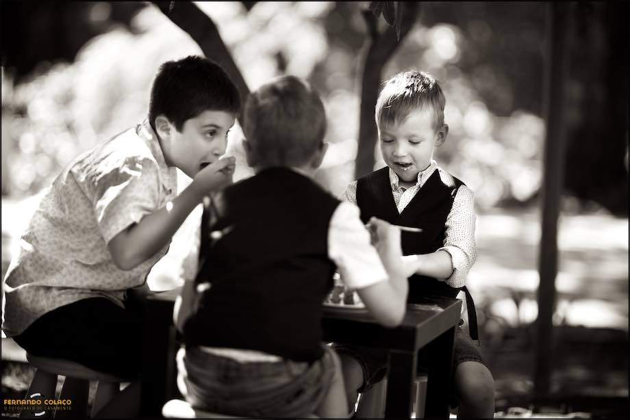 Three little boys eat ice cream, sitting at a small table at Quinta da Serra in Sintra, seen by the wedding photographer.