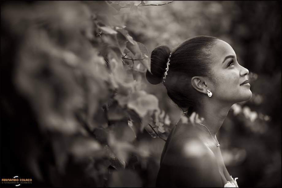 A noiva em perfil por entre as plantas do jardim na festa do casamento, num retrato a preto e branco do fotógrafo de casamento em Sintra.
