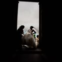 Silhouette of the bride and a friend at the entrance to the main church in Reguengos de Monsaraz, in a composition by the wedding photographer.
